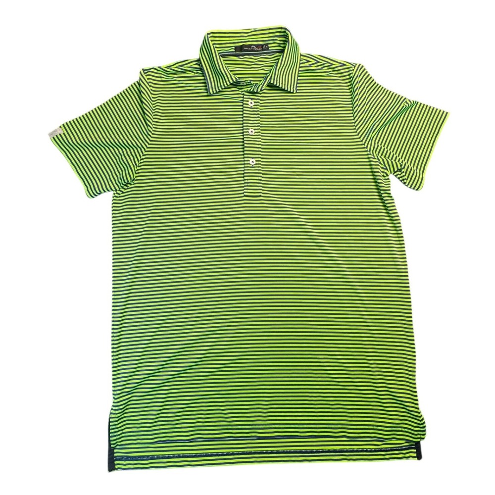 RLX Ralph Lauren Mens Neon Green Navy Blue Striped Golf Polo Shirt Size M